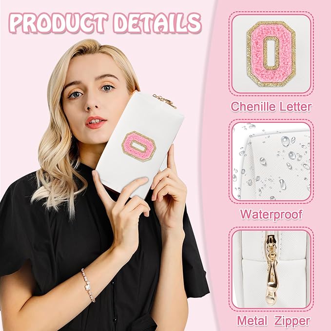 Small Cute Initial Preppy Makeup Bag, Personalized Cosmetic Zipper Pouch Chenille Letter Toiletry Bags for Traveling, Waterproof PU Makeup Case Organizer Travel Essentials for Sister Friends(Letter O)