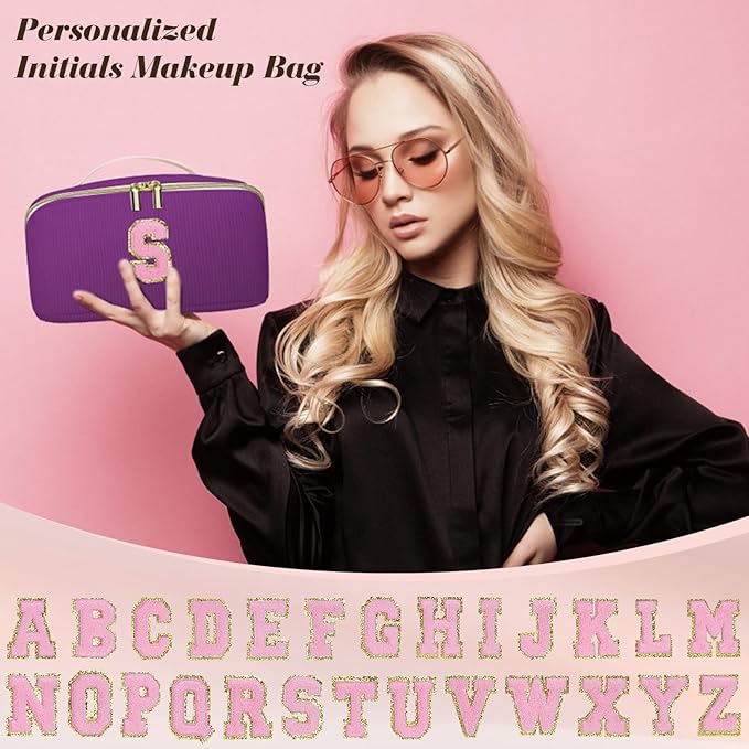 Personalized Initial Makeup Bag,Christmas Gifts for Girl,Preppy Bag Cosmetic Travel Bag Women,Travel Toiletry Organizer,Large Capacity Corduroy Stuff Bag,Cute Cosmetic Pouch Skincare Bag-U
