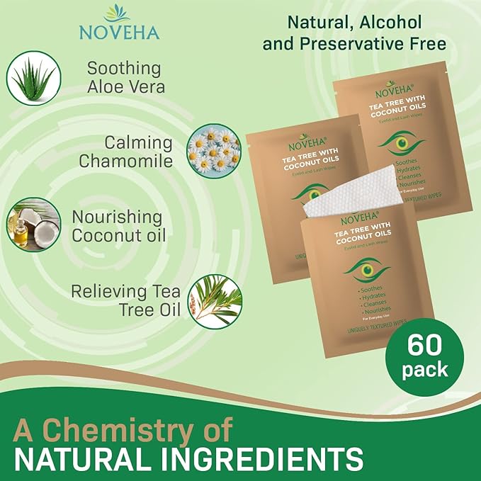 NOVEHA 120PCs Tea Tree & Coconut Oil Eyelid & Lash Wipes - For Demodex, Blepharitis & Itchy Eyes, Individually Wrapped Eyelash Wipes With Aloe Vera, Natural Makeup Remover & Daily Eye Cleanser - 2pack