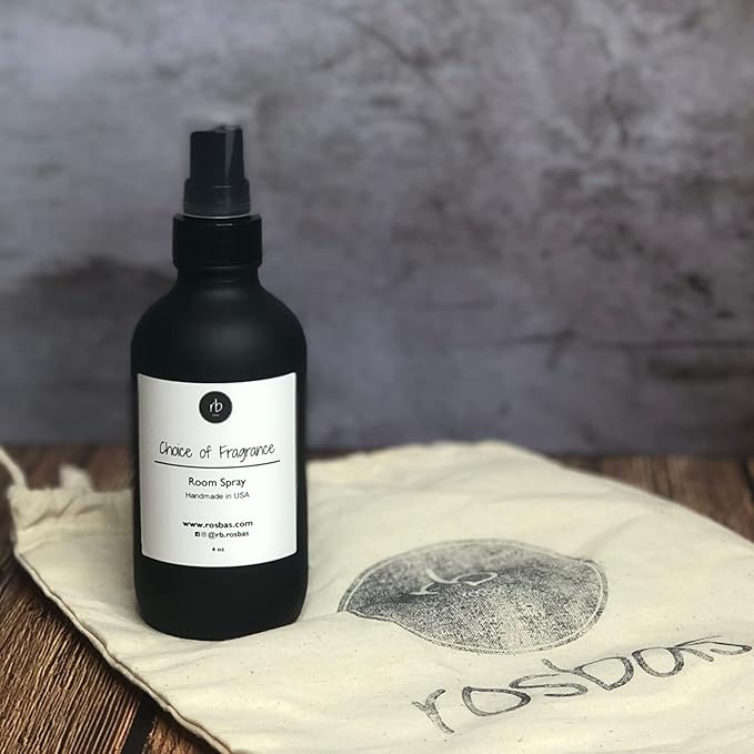 Rosbas Room Spray, Cinnamon Vanilla Scented, Matte Black Glass Bottle, 4 oz, Drawstring Cotton Bag, Long Lasting Scented Air Freshener, Non-Aerosol, Handmade in USA