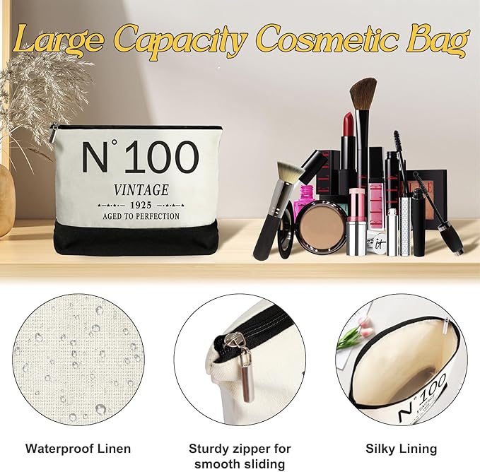 100th Birthday Gifts for Women Canvas Tote Bag Travel Gear,Unique 100 Years Old Gifts for Wife Mom Sister Aunt Friends Her, Vintage N°100 Handbag & Cosmetic Bag & Back in 1925 Poster