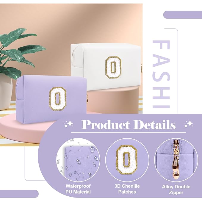 Personalized Makeup Bag Initial A-Z Preppy Patch Bag,Small PU Leather Travel Cosmetic Bag Pouch with Zipper,Purple Cute Toiletry Bag,Gift Ideal for Teen Girls Women Birthday Friend Mom,Latter O