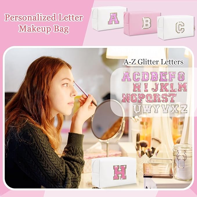 Small Personalized Glitter Initial Letter Makeup Bag, Cute PU Leather Chenille Letters Cosmetic Bag Travel Makeup Pouch, Preppy Travel Organizer Zipper Pouch for Women&Girls（WhiteRosePink-H）