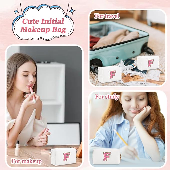 Personalized Initial Letter Makeup Bag, Preppy Glitter Letter Patch Cosmetic Pouch Zipper, PU Waterproof Travel Toiletry Bag Cute Makeup Organizer Monogrammed Make Up Bag, Gift for Women Girls