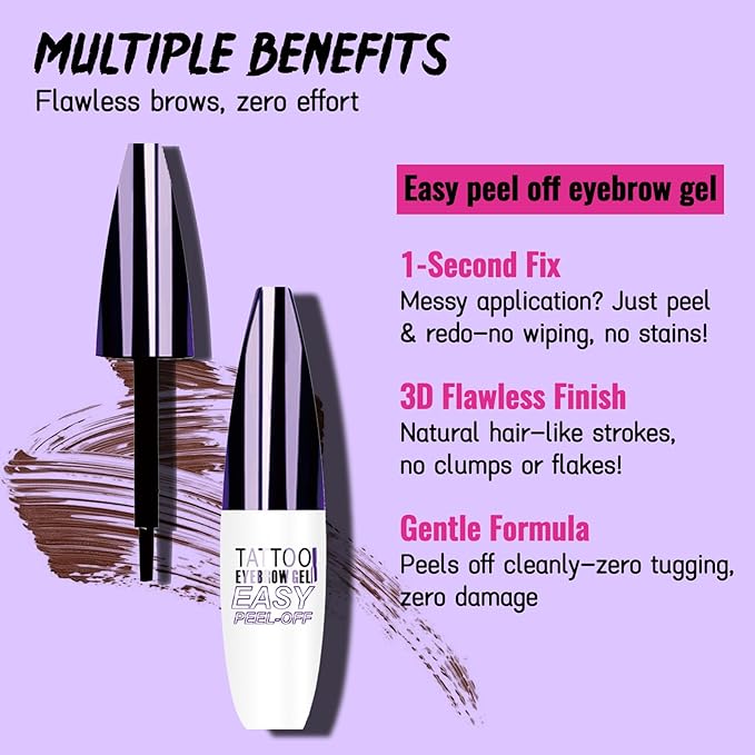 Easy Peel Off Eyebrow Gel, Tattoo Eyebrow Gel Easy Peel Off, Waterproof & Transfer-Proof Lasts Up to 3 Days Brow Color for Women, Create Fuller & Defined Looking Brows At-Home (01# Brown)