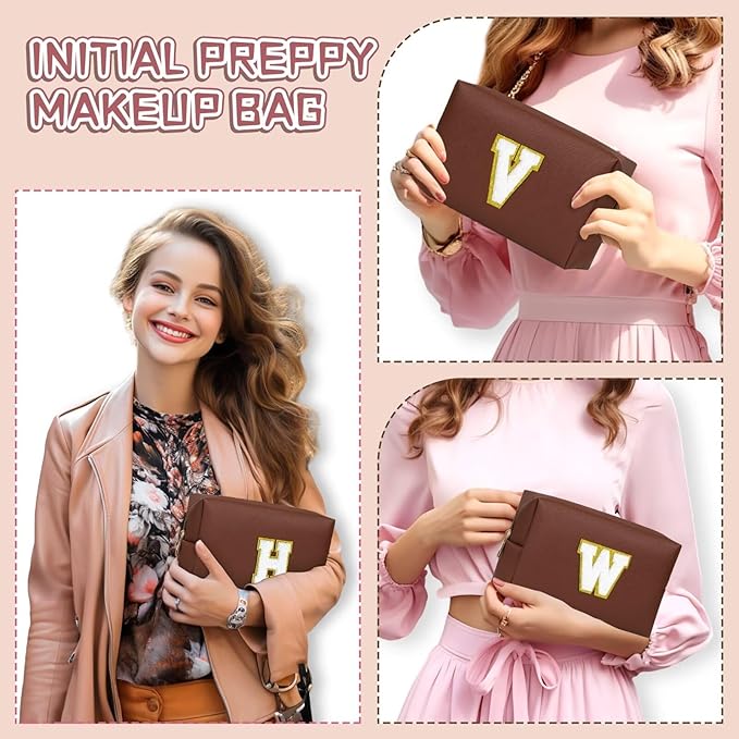 TOPEAST Initial Makeup Bags for Women, Cute Makeup Pouch, Waterproof Travel Toiletry Bag, Personalized Gifts for Girlfriend Wife on Valentine's Day Anniversary, Preppy Stuff Gift for Girl (Brown W)