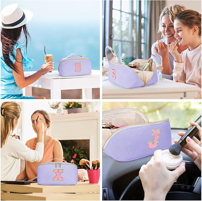 Personalized Initial Makeup Bag,Christmas Gifts for Girl,Preppy Bag Cosmetic Travel Bag Women,Travel Toiletry Organizer,Large Capacity Corduroy Stuff Bag,Cute Cosmetic Pouch Skincare Bag-U