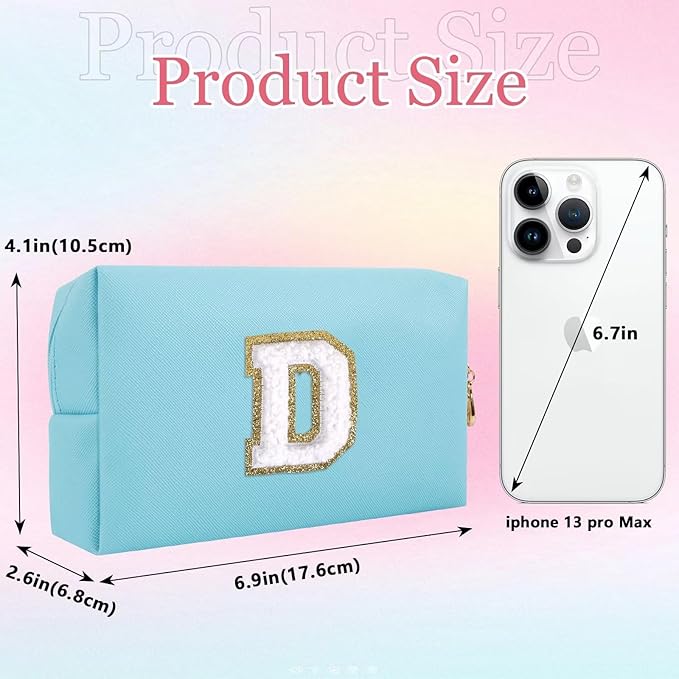 Small Personalized Letter Makeup Bag, Cute PU Leather Chenille Letters Cosmetic Bag Travel Makeup Pouch, Preppy Travel Organizer Zipper Pouch for Women&Girls（Blue-D）