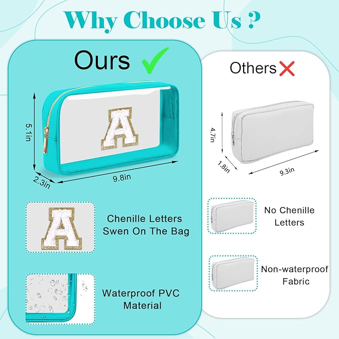 Personalized Initial Letter Clear Makeup Bag,Preppy Small Nylon&PVC Cosmetic Zipper Bag with Chenille Letter,Portable Beach Travel Skincare Toiletry Bag,Trendy Monogram Gift for Teen Girls Women,Q