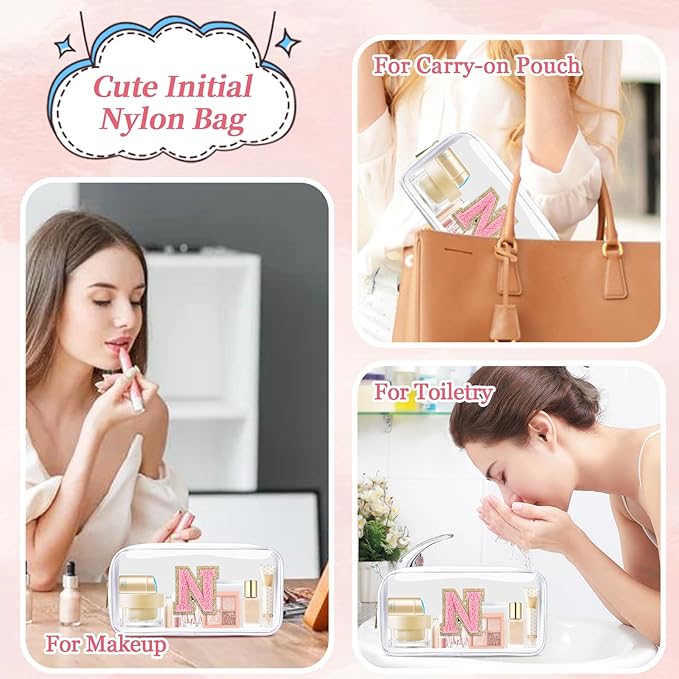 Small Clear Personalized Initial Makeup Bag,Nylon Preppy A-Z Chenille Letter Patch Cosmetic Pouch Beach Toiletry Bag,Waterproof Zipper Travel Purse Storage Bag Organizer for Women Girls(White-Pink N)