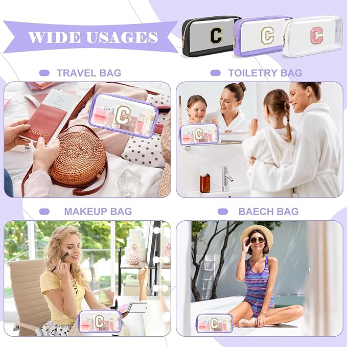 Personalized Initial Letter Clear Makeup Bag,Preppy Small Nylon&PVC Cosmetic Zipper Bag with Chenille Letter,Travel Skincare Toiletry Bag,Monogram Christmas Gift for Teen Girls Women,C