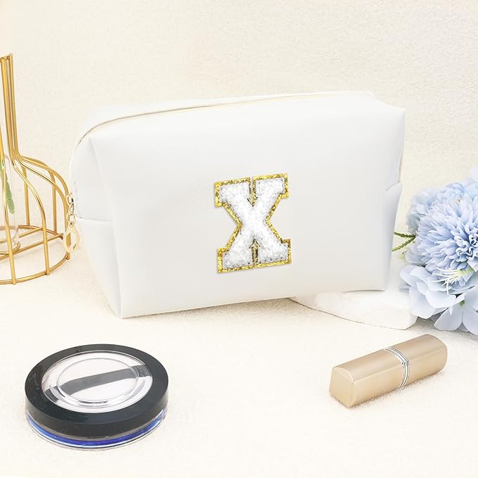 Gifts for Girls Initial Makeup Bag Personalized Cosmetic Bag with Zipper Cute Travel Toiletry Bags Waterproof PU Preppy Makeup Pouch Birthday Gift for Teen Girls Women(White X)