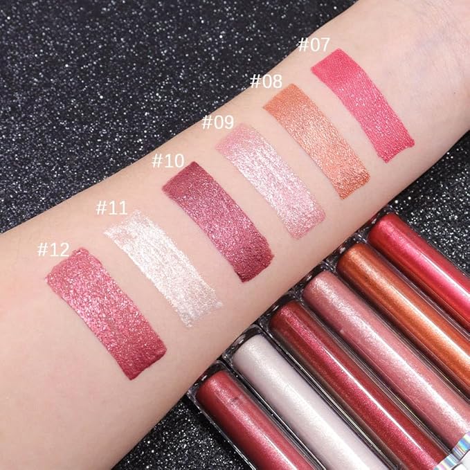 evpct 1Pcs Dark Red Metallic Shimmer Glitter Lip Gloss Liquid Lipstick Long Lasting Waterproof 24, Glitter Pearlescent Metallic Sparkly Glossy Liquid Lipsticks Lip Stain Makeup Set for Women 10#