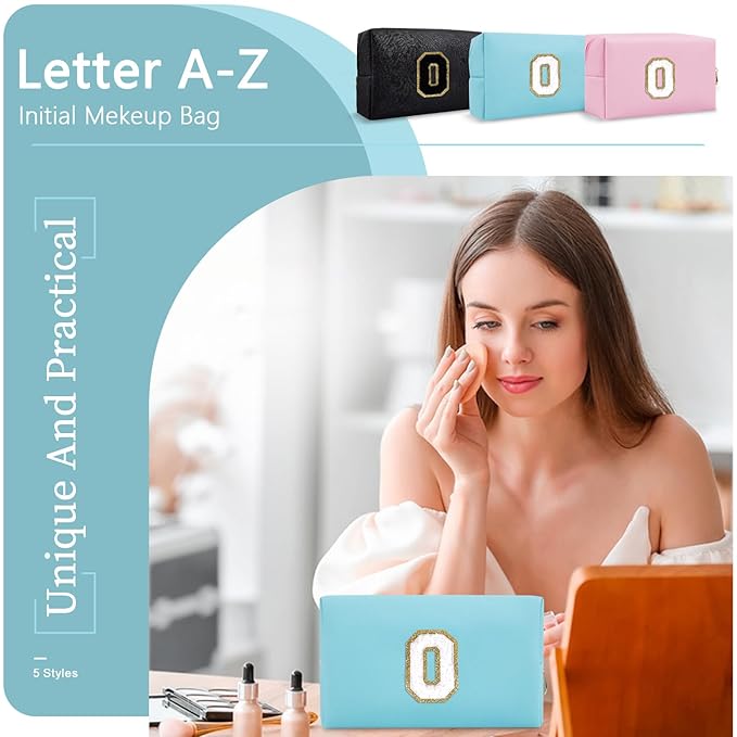 Small Personalized Initial A-Z Preppy Patch Makeup Bag,PU Chenille Letter Travel Cosmetic Pouch with Zipper,Blue Cute Toiletry Bag,Gift Ideal for Teen Girls Women Teacher Bridesmaid,Letter O