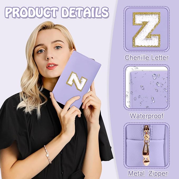 Small Initial Preppy Makeup Bag, Personalized Cute Purple Cosmetic Organizer Chenille Letter Travel Toiletry Zipper Pouch for Purse, Waterproof PU Makeup Case Birthday Gifts for Women Friend(Letter Z)