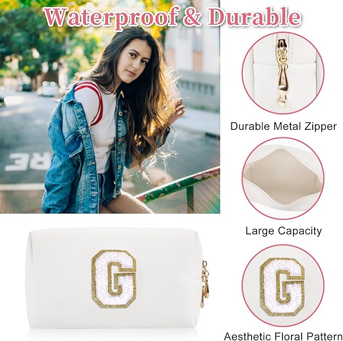 Personalized Initial Letter Patch Makeup Bag, Preppy Portable Chenille Letter Cosmetic Bag with Zipper, PU Leather Waterproof Travel Toiletry Bag Monogram Make Up Pouch for Women Girls(Letter G)