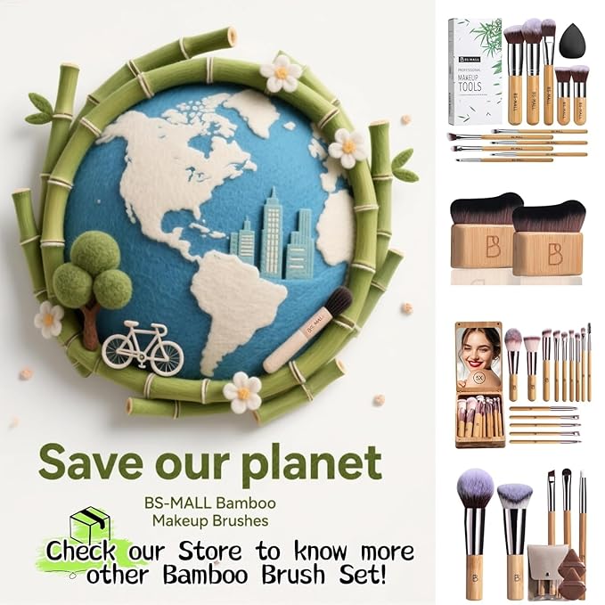 BS-MALL Makeup Brushes Bamboo Premium Synthetic Foundation Powder Concealers Eye Shadows 18 Pcs Brush Set with 5 sponge & Holder Sponge Case