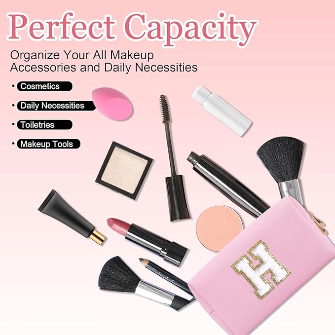 Small Personalized Letter Makeup Bag, Cute PU Leather Chenille Letters Cosmetic Bag Travel Makeup Pouch, Preppy Travel Organizer Zipper Pouch for Women&Girls（Pink-H）