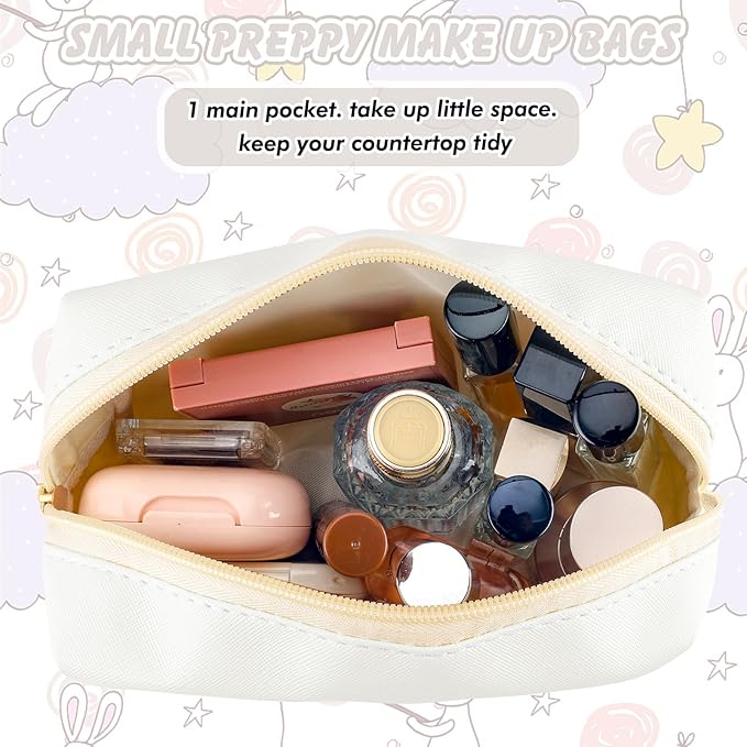 Initial Makeup Bag Personalized Preppy Travel Small Cosmetic Bag Cute PU White Chenille Letter Makeup Pouch for Purse Waterproof Zippered Toiletry Organizer for Women Girls Kids Friends (V)