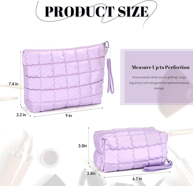 Richeart Makeup Bag Travel Toiletry Bag - Checkered Down Cotton Makeup Pouch for Women with Cosmetic and Pencil, Aesthetic Purple Design, 2 Pieces