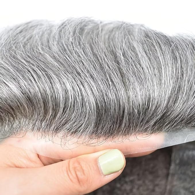 FACE MIRACLE Mens Toupee Lace Front Hairpieces Soft Human Hair Replacement System Natural Hairline Toupee for Men French Lace Poly V-Looped Mens hair Units 6"X8" #1B60 Off Black with 60% Gray