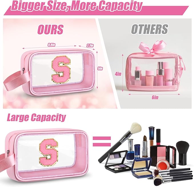 Initial Makeup Bag,Letter S Cute Clear Monogrammed Cosmetic Travel Bag for Womens Girls,Personalized Pink Aesthetic Traveling Make Up Organizer Bag for Beach,Waterproof Toiletry Bag