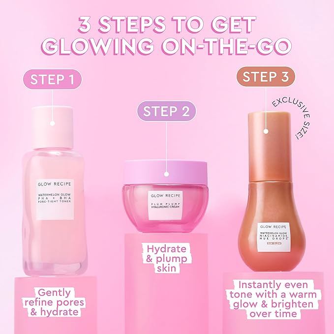 Glow Recipe Get Glowing With Me Kit by Katie Fang - PHA + BHA Face Toner & Gentle Face Exfoliant + Plum Plump Hyaluronic Acid Moisturizer Face Cream + Hue Drops Tinted Serum (3 Count)