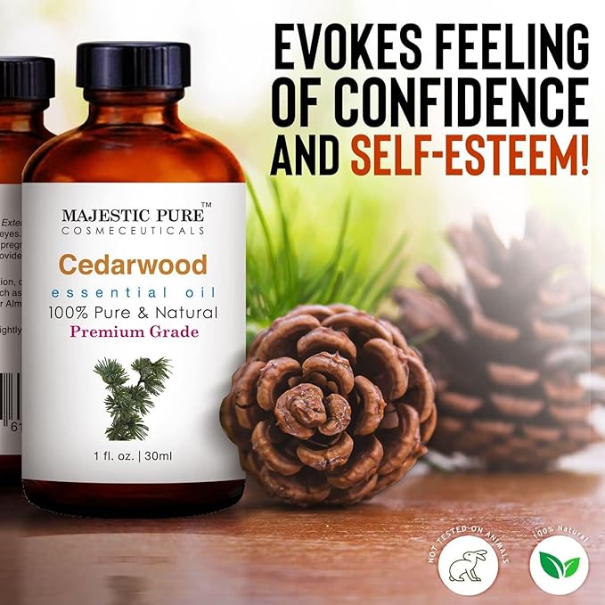Majestic Pure Cedarwood Essential Oil with Glass Dropper - 1 Fl Oz - 100% Pure and Natural Cedarwood Oil - Premium Grade Essential Oils for Diffuser, Aromatherapy, Soap and Candle Making