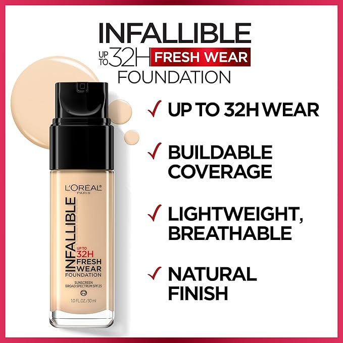 L'Oreal Paris Makeup Infallible Up to 32 Hour Fresh Wear Lightweight Foundation, 500 Honey Bisque, 1 Fl Oz, Packaging May Vary