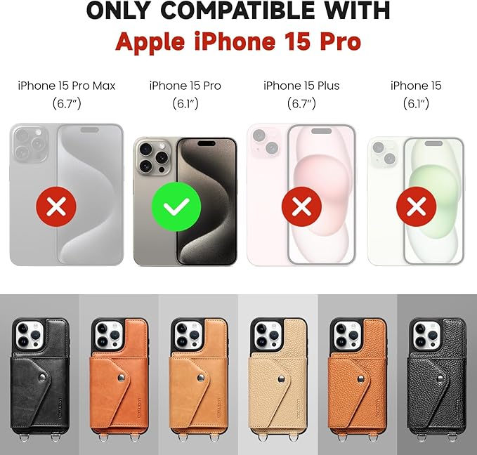 LUCKYCOIN Crossbody Wallet Phone Case for iPhone 15 Pro,100% Genuine Leather Wallet Phone Case with Expandable Flip Card Holder,Phone Purse for Women with Adjustable Removable Strap - Pebble Beige