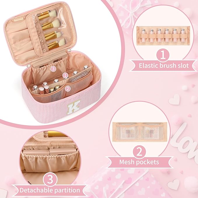 OCHEAL Makeup Bag for Women, Monogram Cosmetic Bag with Brush Holder, Pink Travel Makeup Case Beauty Toiletry Bag Organizer Personalized Gifts for Girls Bridesmaid, Sister, Wife, Friends Initial K