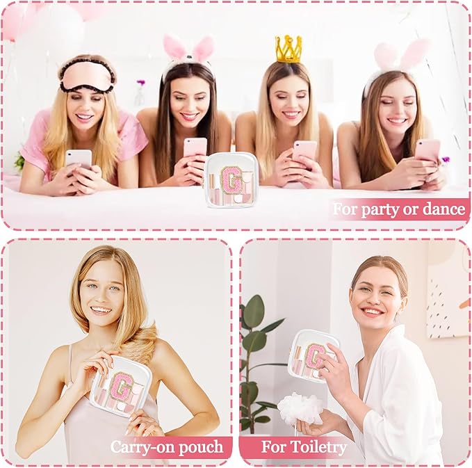 Mini Clear Personalized Initial Makeup Bag,Nylon Preppy A-Z Chenille Letter Patch Zipper Cosmetic Bag, Small Cute Beach Pouch Travel Purse Sanitary Napkin Storage Bag for Women Girls(White-Pink G)