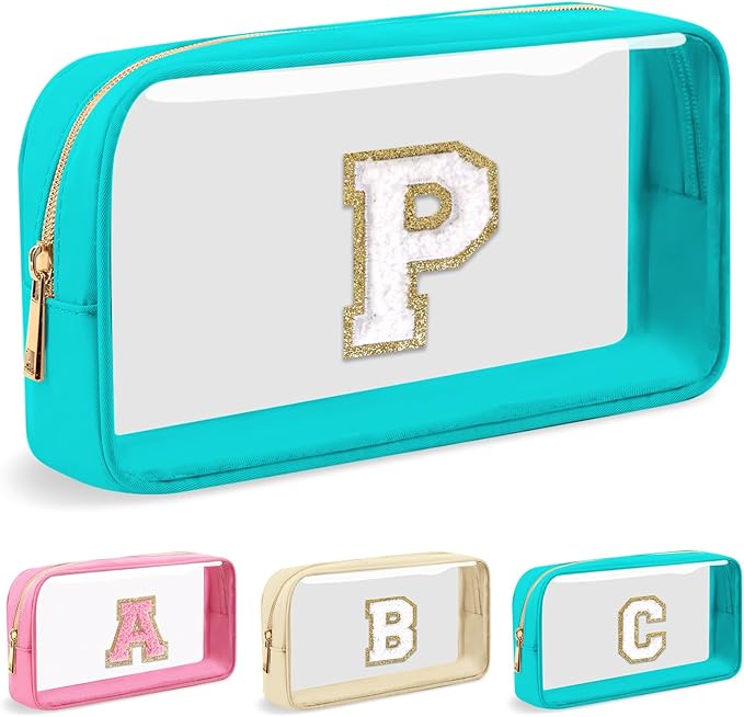Personalized Initial Letter Clear Makeup Bag,Preppy Small Nylon&PVC Cosmetic Zipper Bag with Chenille Letter,Portable Beach Travel Skincare Toiletry Bag,Trendy Monogram Gift for Teen Girls Women,P