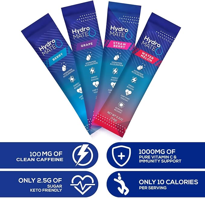 HydroMATE Electrolytes Powder Drink Mix Packets Hydration Accelerator Low Sugar Party Favors for Rapid Recovery Vitamin C Plus Caffeine Variety Pack 16 Sticks