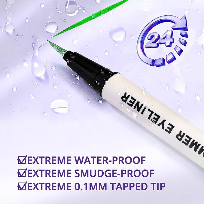 Metallic Neon Liquid Eyeliner, Glitter Neon Colored Eyeliners Pen, High Pigmented, Waterproof Smudge-Proof and Long-Lasting Metallic Eye Makeup for Halloween Christmas, Shimmer Green