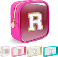 Mini Clear Personalized Initial Makeup Bag,Nylon Preppy A-Z Chenille Letter Patch Zipper Cosmetic Bag, Small Cute Beach Pouch Travel Purse Sanitary Napkin Storage Bag for Women Girls(Hot Pink-White R)