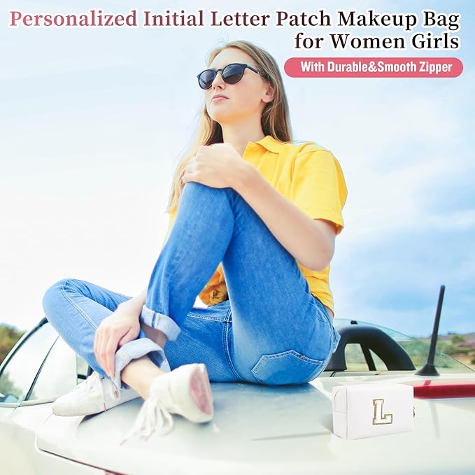 Iqimott Personalized Initial Letter Patch Makeup Bag, Preppy Portable Chenille Letter Cosmetic Bag with Zipper, PU Leather Waterproof Travel Toiletry Bag Monogram Make Up Pouch Girls(Letter L)