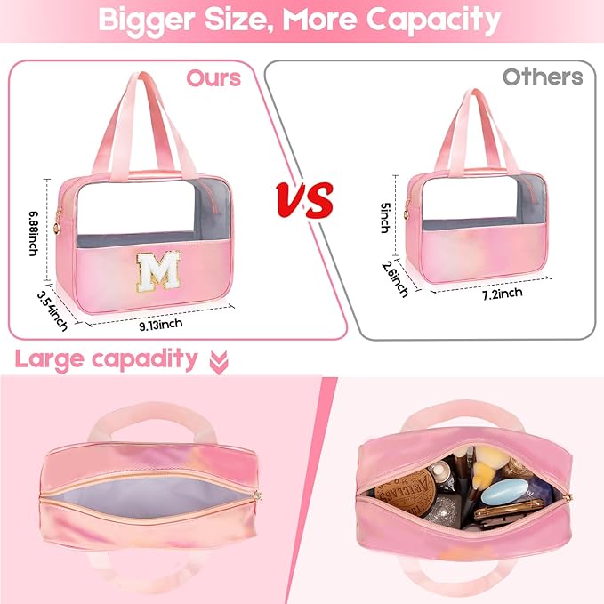 Personalized Initial Clear Makeup Bag Pink Cosmetic Bag Set Large Travel Toiletry Bag, Cute Clear Make Up Bags Organizer Bag for Girlfriend Teacher Gifts Teen Girl Gifts Trendy Stuff M (Pink)