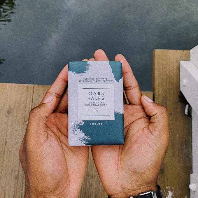 Oars + Alps Peppermint Charcoal Exfoliating Men's Bar Soap, Dermatologist Tested and Made with Clean Ingredients, Travel Size, 3 Pack, 6 Oz Each