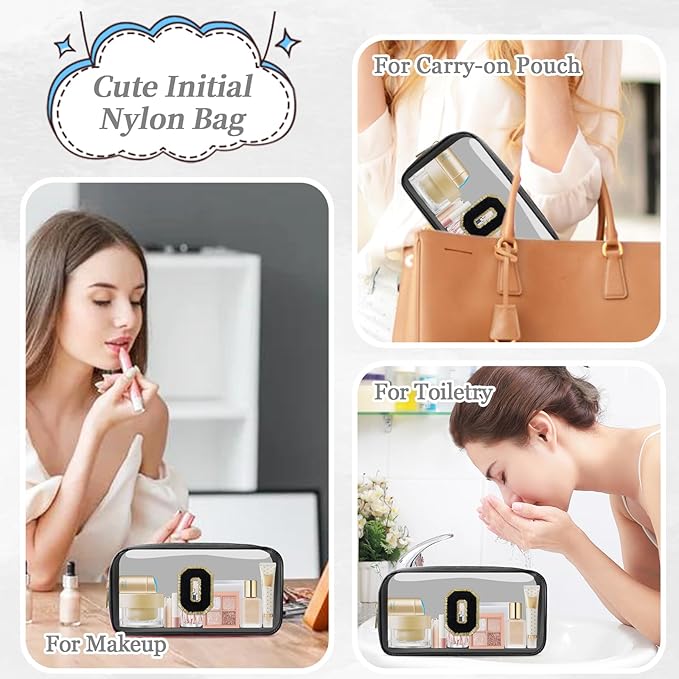 Small Clear Personalized Initial Makeup Bag, Preppy Nylon A-Z Chenille Letter Patch Makeup Organizer TSA Approved Travel Toiletry Bag,Waterproof Zip Beach Cosmetic Pouch Purse for Women(Black-Black O)