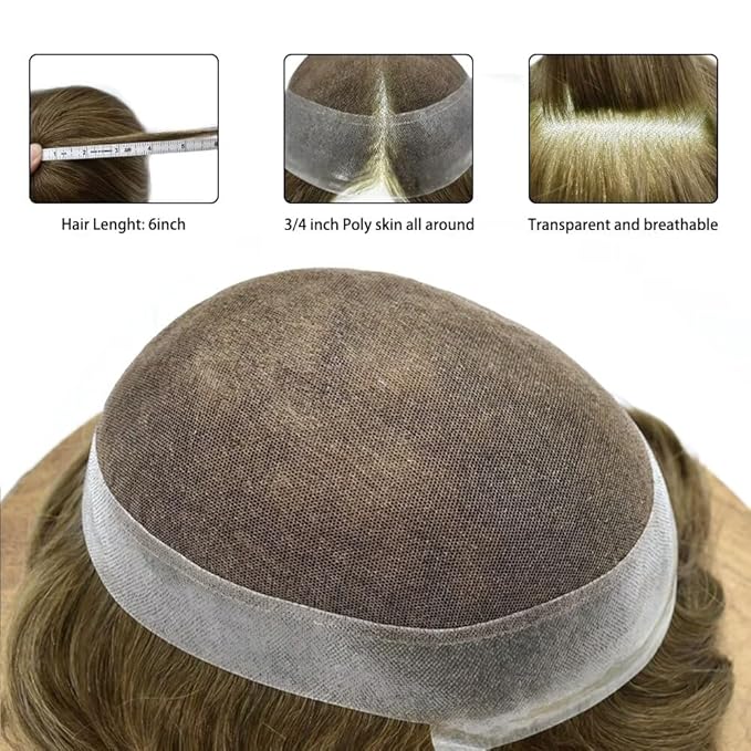 FACE MIRACLE Toupee for Men Lace Center Mens Toupee Hairpiece for Man Human Hair Replacement System Lace Center with Poly around Hair Units Mens Wig Hair Prosthesis 6"X8" 7ASH Light Ash Brown