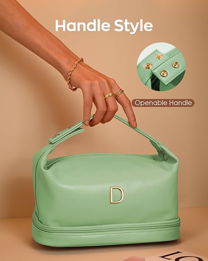 Gifts for Young Women, Personalized Makeup Bag with Handle, Initial Double Layer Cosmetic Bag with Makeup Brush Organizer, Cute Cosmetic Pouch for Women, Gifts for Friends Female Mom