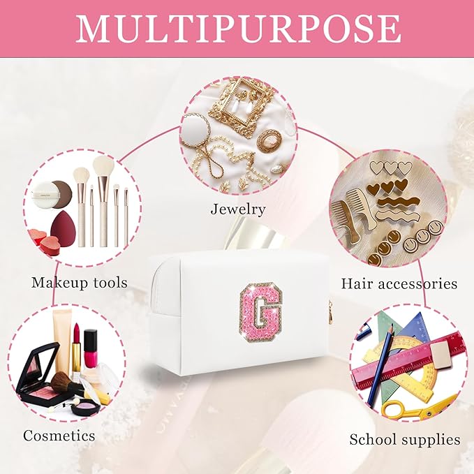 Initial Letter Patch Makeup Bag, Preppy Glitter Pouch Cosmetic Bag, Small PU Travel Toiletry Bag Zipper, Personalized Monogrammed Gift for Friends, Sister, Cute Stuff for Women, Teen Girls
