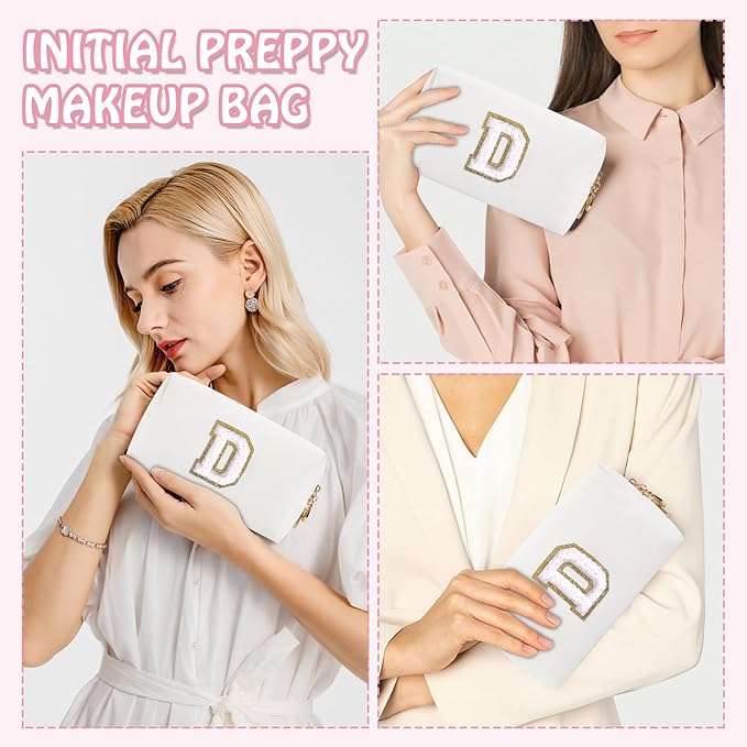 Personalized Chenille Letter Preppy Makeup Bag, Mini Cute White Travel Cosmetic Bag Initial Toiletry Zipper Pouch Monogram Makeup Bag, Waterproof Makeup Case Travel Essentials for Women Girl(Letter D)