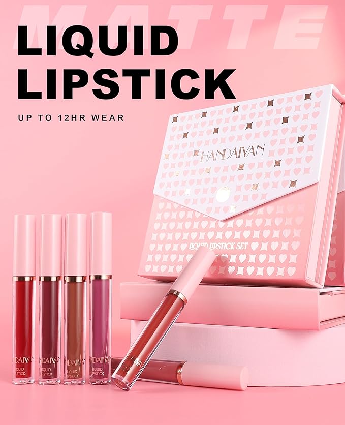 BestLand 6Pcs Matte Liquid Lipstick Makeup Set, Matte liquid Long-Lasting Wear Non-Stick Cup Not Fade Waterproof Lip Gloss (Literary Allure Gift Set B)