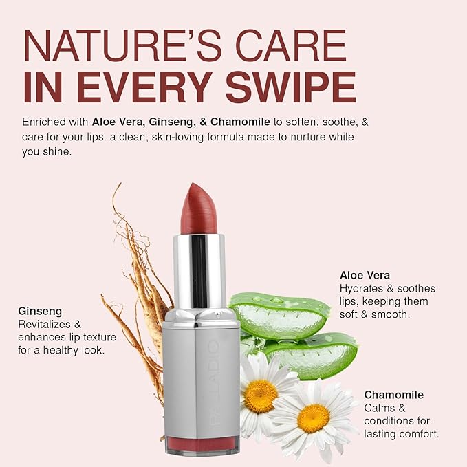 Palladio Herbal Lipstick, Rich Pigmented and Creamy, Infused with Aloe Vera, Chamomile & Ginseng, Prevents Lips from Drying, Combats Fine Lines, Long Lasting Lipstick, Angelica