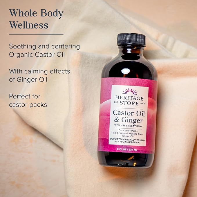 HERITAGE STORE Castor Oil & Ginger - Cold Pressed Organic Castor Oil Pack Wrap - Heat Compress for Abdomen, Joints, Overall Wellness with Calming Ginger - Hypoallergenic, Vegan, 60-Day Guarantee, 8oz