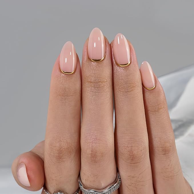 BTArtbox Press On Nails Almond - Short Gold Foil Press On Nails with Glue for Women, Semi-Transparent Soft Gel Glue On Nails in 16 Sizes - 32 Stick On Nails Kit, Gold End
