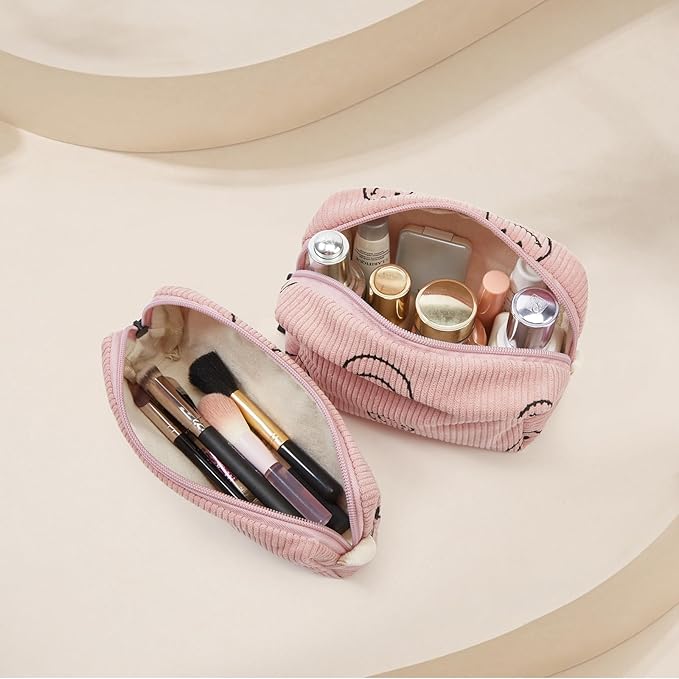 Makeup bag set small Cosmetic bag for women purse Corduroy Organizer with interior Pockets,cute Pencil zipper Pouch travel Toiletry Bag with handle((Strawberry Pink)