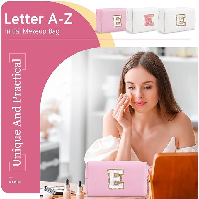 Personalized Initial A-Z Preppy Patch Makeup Bag,Small PU Chenille Letter Cosmetic Bag with Zipper for Teen Girls,Pink Cute Toiletry Organizer Bag,Monogram Makeup Case Gift for Women Girls,Letter E
